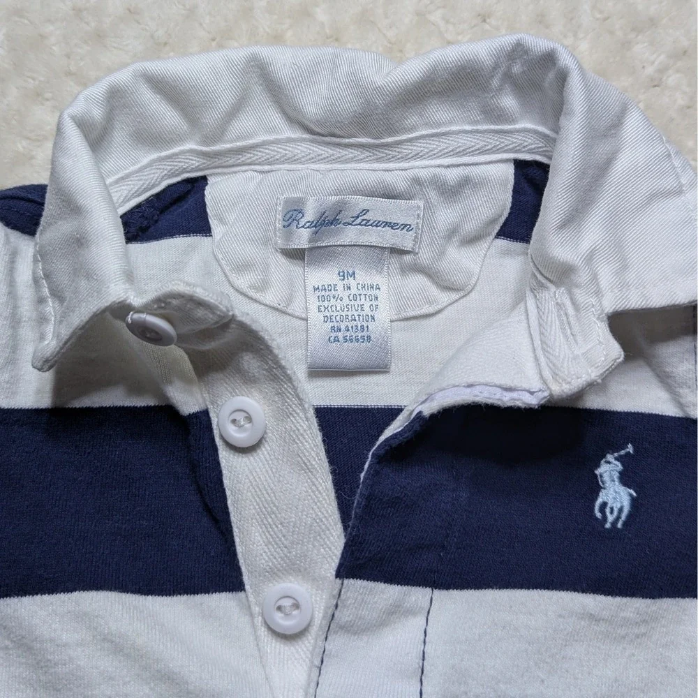 Ralph Lauren Baby Boys Navy White Striped Rugby Romper‎ Long Sleeve 9M